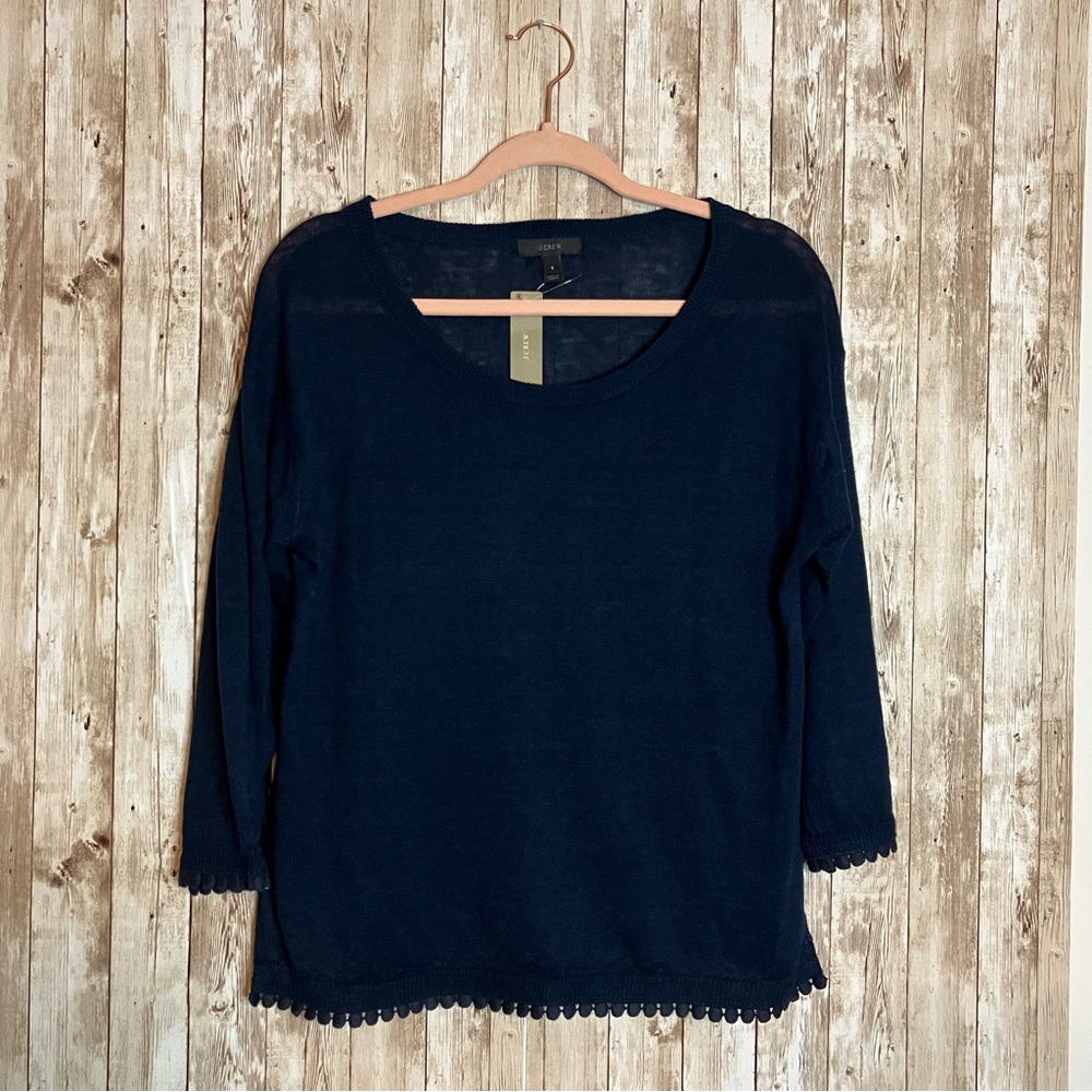J. Crew Linen Sweater Navy‎ Blue with Pom Pom Trim